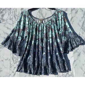 Style & Co Womens Medium Boho Floral Bell Sleeve Blue/Teal Rayon Top